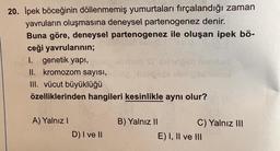 20. İpek böceğinin döllenmemiş yumurtaları fırçalandığı zaman
yavruların oluşmasına deneysel partenogenez denir.
Buna göre, deneysel partenogenez ile oluşan ipek bö-
ceği yavrularının;
I. genetik yapi,
II. kromozom sayisi,
III. vücut büyüklüğü
özelliklerinden hangileri kesinlikle aynı olur?
A) Yalnız!
B) Yalnız II
C) Yalnız III
E) I, II ve III
D) I ve II
