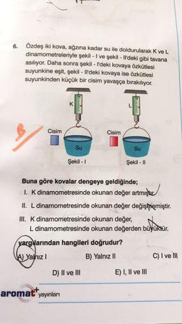 6. Özdeş iki kova, ağzına kadar su ile doldurularak K ve L
dinamometreleriyle şekil - I ve şekil - Il'deki gibi tavana
asılıyor. Daha sonra şekil - I'deki kovaya özkütlesi
suyunkine eşit, şekil - Il'deki kovaya ise özkütlesi
suyunkinden küçük bir cisim yavaşça bırakılıyor.
Kg
K
L
Cisim
Cisim
Su
Su
Şekil - 1
Şekil - 11
Buna göre kovalar dengeye geldiğinde;
I. K dinamometresinde okunan değer artmıştır.
1. K
II. L dinamometresinde okunan değer değişmemiştir
.
III. K dinamometresinde okunan değer,
L dinamometresinde okunan değerden büyüktür.
bubber
yarg arından hangileri doğrudur?
A) Yalhız!
B) Yalnız II
C) I ve III
D) II ve III
E) I, II ve III
aromatt
yayınları