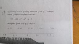 9. f(x) fonksiyonunun grafiği y eksenine göre, g(x) fonksiyo-
nunun grafigi orjine göre simetriktir.
f(x) + g(x) = x3 + x2 + x + 1
olduğuna göre, f(2).g(2) kaçtır?
A) 45
6) 46
C) 50
D) 60
E) 72
5-A
9-C
SORU BANKASI