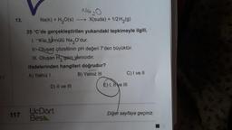 Na₂O
13.
Na(k) + H20(s) - X(suda) + 1/2 H2(9)
25 °C'de gerçekleştirilen yukarıdaki tepkimeyle ilgili,
1. X'in formülü Na, O'dur.
ll. Oluşan çözeltinin pH değeri 7'den büyüktür.
III
. Oluşan Hą gaz yanıcıdır.
ifadelerinden hangileri doğrudur?
A) Yalnız 1
B) Yalnız III
C) I ve 11
ET
D) II ve III
EI, IN III
117
UcDört
Besl
Diğer sayfaya geçiniz.