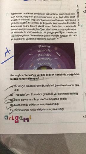 www.netlerikatla.com
7. Öğretmeni tarafından atmosferin katmanlarını araştırması iste-
nen Yunus, aşağıdaki görseli hazırlamış ve şu Özet bilgiyi anlat-
mıştır: "Yer çekimi Troposfer katmanından Ekzosfer katmanına
gidildikçe azalır. Sıcaklıklar da Troposfe