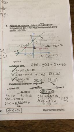 Paraf Yay
8. Aşağıda dik koordinat düzleminde f(x) doğrusal
fonksiyonu ve g(x) - 2f(x) sabit fonksiyonunun grafiği
şekilde verilmiştir.
do
6
2
ful
2
n-2x-12=2
g(x) - 2f(x)
TE412)
b
+4
a
2
2x+14
1
vo
hero
f(2) = 8
olduğuna göre,
f (x) + g(x) = 3x+ 20
(f + g)(x) = 3x + 20
W. (g•f)(a + b) = 12 g(a+b). fla+b)
WX f(g(-b)) = 16
g(2)
9C-42
ifadelerinden hangileri doğrudur?
A) Yalnız
B Yalnız 11
Clivell
Dve !!!
E) I, II ve III
$12) = 8 f(-4)=b
90%- 26(0)=6
91-4) - 2 f (-4)= b
f(x) ex tb
26
g(-4)= 36
Diğer sayfaya geçiniz.
g(x) = 2x + 14-210
21