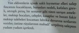 Yün eldivenlerin içinde saklı kıymettar elleri salep
fincanını kucaklayan, burunları nezleli, kafaları grev-
li, istiraplı pirinç bir semaver gibi tüten sarışın amele-
ler, mektep hocaları, celepler, kasaplar ve bazan fakir
mektep talebeleri kocaman fabrika duvarına sırtlarını
verirler; üstüne rüyalarının mabadi" serpilmiş salepten
yudum yudum içerlerdi.
