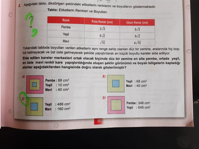 3. Aşağıdaki tablo, dikdörtgen şeklindeki etiketlerin renklerini ve boyutlarını göstermektedir.
Tablo: Etiketlerin Renkleri ve Boyutları
O
?
Renk
Kisa Kenar (cm)
Uzun Kenar (cm)
Pembe
213
5/3
Yeşil
612
92
Mavi
V10
4/10
Yukarıdaki tabloda boyutları verilen