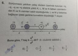 6.
Sürtünmesiz yalıtkan yatay düzlem üzerinde bulunan +9,
-9, -q ve + elektrik yüklü K, L, M ve N iletken cisimlerin-
den K ve N cisimleri sabit tutulduğunda, L ve M yi birbirine
bağlayan ipteki gerilme kuvvetinin büyüklüğü T oluyor.
+
f -a
-9
+9
T
K
M
of
N
-yatay
d
d
d
92
Buna göre, T kaç k- dir? (k: coulomb sabitidir.)
d2
5
ADA
B)
C
D)
E)
