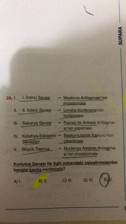 SUPARA
26. I.
1. İnönü Savaşı
→ Moskova Antlaşması'nın
imzalanması
II. II. İnönü Savaşı → Londra Konferansı'nın
toplanmasi
III. Sakarya Savaşı → Fransa ile Ankara Antlaşma-
si'nin yapılması
IV. Kütahya-Eskişehir - Baskomutanlık Kanunu'nun
Savaşları
çıkarılması
V. Büyük Taarruz → Mudanya Ateşkes Antlaşma-
si'nin imzalanması
Kurtuluş Savaşı ile ilgili yukarıdaki esleştirmelerden
hangisi vanlış verilmistir?
A) I.
B) II.
C) III.
D) IV.
E) V.