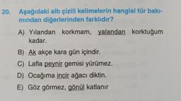 20. Aşağıdaki altı çizili kelimelerin hangisi tür bakı-
mindan diğerlerinden farklıdır?
A) Yılandan korkmam, yalandan korktuğum
kadar.
B) Ak akçe kara gün içindir.
C) Lafla peynir gemisi yürümez.
D) Ocağıma incir ağacı diktin.
E) Göz görmez, gönül katlanır