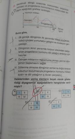Menstrual döngü
sırasında ovaryumdan salgılanan
ve progesteron hormonlarının miktarındaki de-
28.
östrojen
ğişim aşağıdaki grafikte verilmiştir.
Hormon miktarı
B
Östrojen
Progesteron
0
14
28
Zaman
(gün)
Buna göre,
1. 28 günlük döngünün ilk yarısında folikúl büyümesi,
folikül içindeki yumurtanın gelişimi ve ovulasyon ger-
çekleşir.
II. Döngünün ikinci yarısında korpus luteumdan salgi-
lanan progesteron hormonu döl yatağını embriyo için
hazırlar.
III. Östrojen miktarının maksimuna çıkması yeni bir dön-
günün başlamasını sağlar.
IV. Döllenme olmazsa döngünün sonlarına doğru korpus
luteumun bozulmasıyla progesteron hormonu miktarı
azalır ve döl yatağının iç duvarı parçalanır.
ifadelerinden yanlış olanların boyalı olarak göste-
rildiği diyagramlar aşağıdakilerin hangisinde veril-
miştir?
A)
C)
1 II
IV
IV
III IV
D)
E)
11
I
III IV
IV