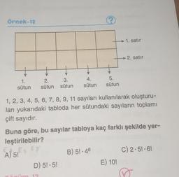 örnek-12
1. satır
→ 2. satır
A.
1.
sütun
2. 3.
sütun sütun
5.
sütun
sütun
1, 2, 3, 4, 5, 6, 7, 8, 9, 11 sayıları kullanılarak oluşturu-
lan yukarıdaki tabloda her sütundaki sayıların toplamı
çift sayıdır.
Free
Buna göre, bu sayılar tabloya kaç farklı şekilde yer-
leştirilebilir?
B) 5! - 46
C) 2.5!.6
D) 5.5!
E) 10!
A) 5!
