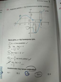 Deneme Sınavı 1
A
23
21. Aşağıdaki şekilde y = f(x) fonksiyonunun grafiği verilmiştir.
n'in
ve-
y=f(x)
ols
2
1
2
1
3
į
-1
-2
X
-2
Buna göre, y = f(x) fonksiyonu için,
x=-2 de süreklidir. V
Ilim f(x) =-1
+
III. lim f(x) =-2 V
x-1
3
(IV
IV. X= de limiti yoktur.
2
lim f(x) = 2
x-
ifadelerinden kaç tanesi doğrudur?
ANTIKOR
A) 1
B) 2
C)
3
D) 4
E) 5
