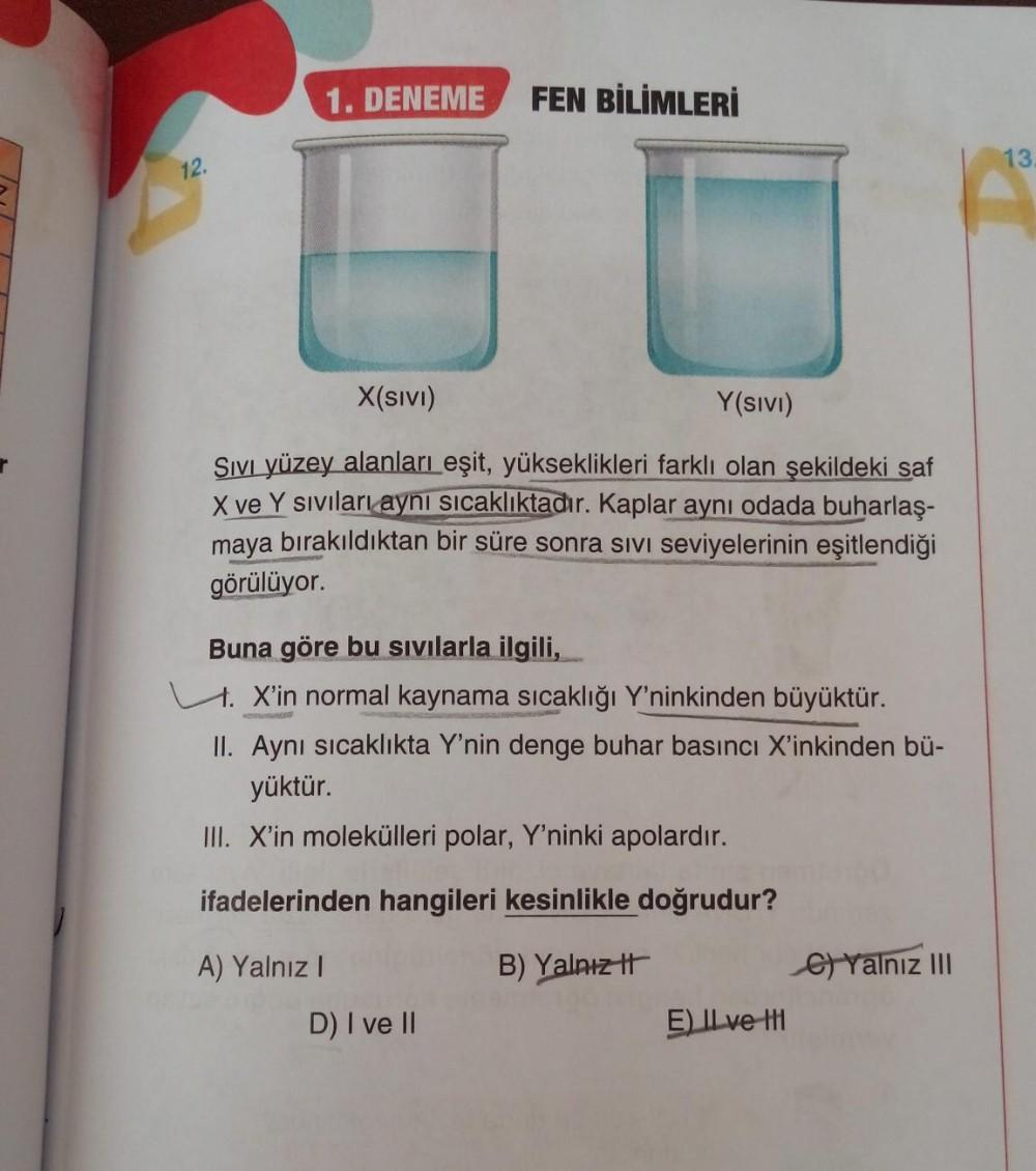 1 DENEME FEN B L MLER 13 12 X sivi Y sivi Sivi Y Kimya
