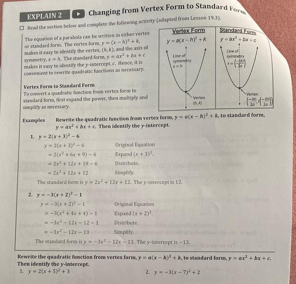 Changing From Vertex Form To Standard Form EXPLAIN 2 Math