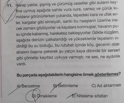 11. Harap yalılar, şişmiş ve çürümüş cesetler gibi suların key-
fine uymuş aşağıda sahile vura vura, cansız ve çürük kı-
mildanır görünürlerken yukarıda, tepedeki kara ve ufak ev-
ler, kargalar gibi simsiyah, sanki bu naaşların üzerine ine-
cek zamanı gözlüyorlar ve kayalara konmuşlar, havanın pu-
su içinde kabarmış, hareketsiz bekleşiyorlar. Gökte rüzgârin,
aşağıda denizin çalkalandığı ve yükseklerde tepelerin in-
dirdiği bu su bolluğu, bu rutubet içinde köy, gecenin ıslak
abasını başına çekerek şu yalçın kaya dibinde bir serseri
gibi çömelip kayıtsız uykuya varmıştı: ne ses, ne aydınlık
vardı.
Bu parçada aşağıdakilerin hangisine örnek gösterilemez?
AJ Benzetme
By Betimleme
C) Ad aktarması
D) Örnekleme
E) Niteleme sıfatları
