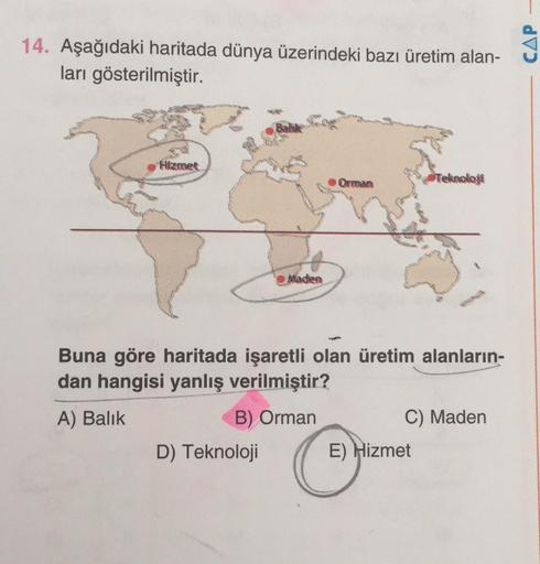 14. Aşağıdaki haritada dünya üzerindeki bazı üretim alan-
ları gösterilmiştir.
CAP
Hizmet
Orman
Teknoloji
Maden
Buna göre haritada işaretli olan üretim alanların-
dan hangisi yanlış verilmiştir?
A) Balık
B) Orman
C) Maden
D) Teknoloji E) Hizmet
