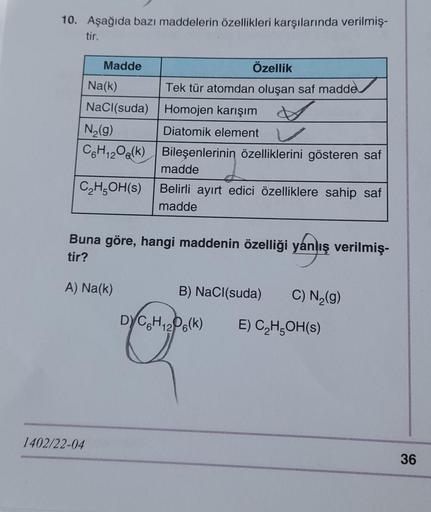 10. Aşağıda bazı maddelerin özellikleri karşılarında verilmiş-
tir.
Madde
Özellik
Na(k) Tek tür atomdan oluşan saf madde
NaCl(suda) Homojen karışım
N (9) Diatomik element
CH120&(k) Bileşenlerinin özelliklerini gösteren saf
madde
C2H5OH(s) Belirli ayırt edi