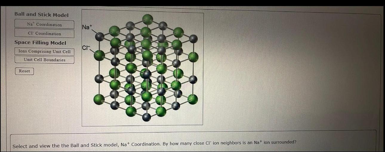Ball and Stick Model
Nat Coordination
Nat
cl Coordination
Space Filling Model
CI
Ions Comprising Unit Cell
Unit Cell Boundaries
Reset
Select and view the the Ball and Stick model, Nat Coordination. By how many close Cl ion neighbors is an Na+ ion surrounded?