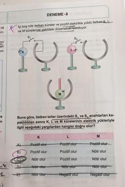 DENEME-8
ve
X
İçi boş nötr iletken küreler ve pozitif elektrikle yüklü iletken KL
ve M küreleriyle şekildeki düzenekler kuruluyor.
iri-
S2
nin
en
im
KK
IŲ
M
e
n
Buna göre, iletken teller üzerindeki S, ve S, anahtarları ka-
patıldıktan sonra K, L ve M kürelerinin elektrik yükleriyle
ilgili aşağıdaki yargılardan hangisi doğru olur?
7-
K
L
M
A)
Pozitif olur
Pozitif olur
Pozitif olur
B)
Pozitif olur
Pozitif olur
Nötr olur
Nötr olur
Pozitif olur
Nötr olur
ve DD
Nötr olur
Nötr olur
Nötr olur
Nötr olur
Negatif olur
Negatif olur
