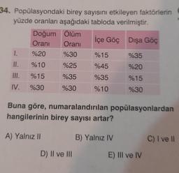 34. Popülasyondaki birey sayısını etkileyen faktörlerin
yüzde oranları aşağıdaki tabloda verilmiştir.
Doğum Ölüm
içe Göç Dışa Göc
Orani Orani
1. %20 %30 %15 %35
II. %10 %25 %45 %20
%15 %35 %35 %15
IV.
%30
%30
%10
%30
Buna göre, numaralandırılan popülasyonlardan
hangilerinin birey sayısı artar?
A) Yalnız II
B) Yalnız IV
C) I ve II
D) II ve III
E) Ill ve IV