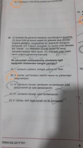 E) Tamlayanı sifat almış belirtili isim tamlaması
12. A
10. (1) Anadolu'da güvercin beslenip uçurulduğunu duyardık.
(II) Ama Urfa'da bunun esasli bir gelenek olup dünden
bugüne geldiğini, vazgeçilmez bir alışkanlık olduğunu
bilmezdik. (III) Yıllardır süreg