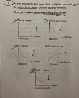 8.
.
Bir bitki hücresinde bazı organellerin faaliyetleri sırasında mad-
de değisimlerini belirten grafikler aşağıda verilmiştir.
Buna göre verilen grafiklerden hangisi yanlıştır?
A) Glikoz miktarı
B) Amino asit miktarı
t
Zaman
→ Zaman
Kloroplast
Ribozom
C) Su miktarı
D) Protein miktarı
[
→ Zaman
Zaman
Lizozom
Ribozom
EY Selüloz miktarı
→ Zaman
Golgi cisimciği
