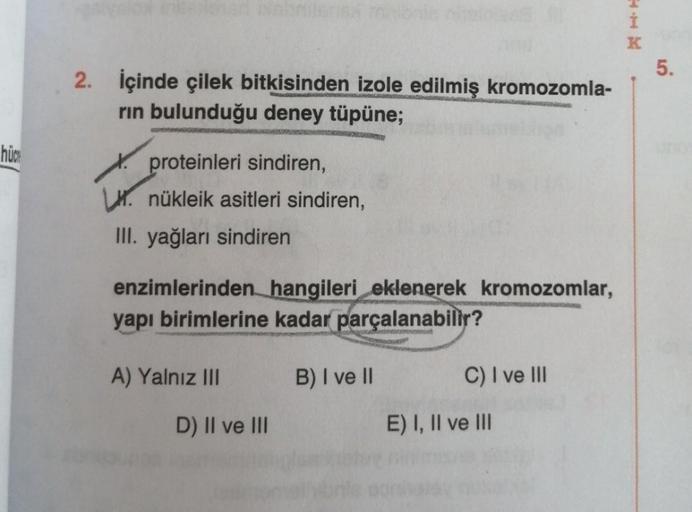 K
5.
2. İçinde çilek bitkisinden izole edilmiş kromozomla-
rin bulunduğu deney tüpüne;
hüc
proteinleri sindiren,
x. nükleik asitleri sindiren,
III. yağları sindiren
enzimlerinden hangileri eklenerek kromozomlar,
yapı birimlerine kadar parçalanabilir?
A) Ya