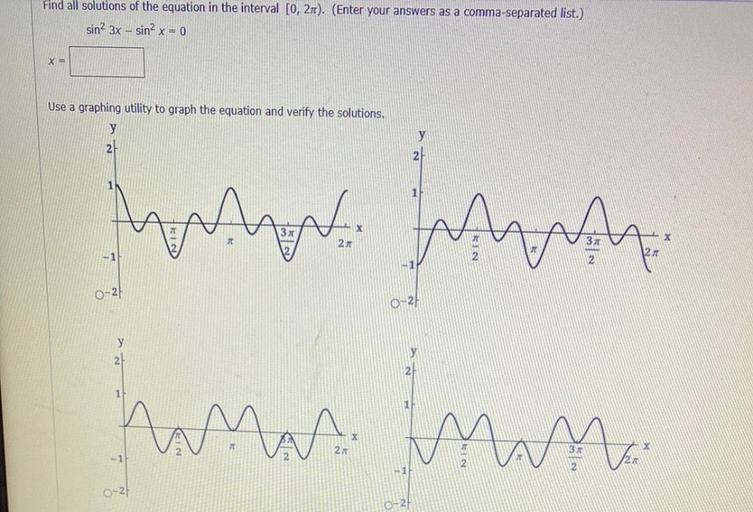 Find all solutions of the equation in the interval [0, 271). (Enter your answers as a comma-separated list.)
sin? 3x - sin? x = 0
X=
Use a graphing utility to graph the equation and verify the solutions.
y
y
2
1
21
2x
11
0-24
0-21
Ants for
hann inn
y
2
y
2.
1
X
27
-1
2X
-1
0-27