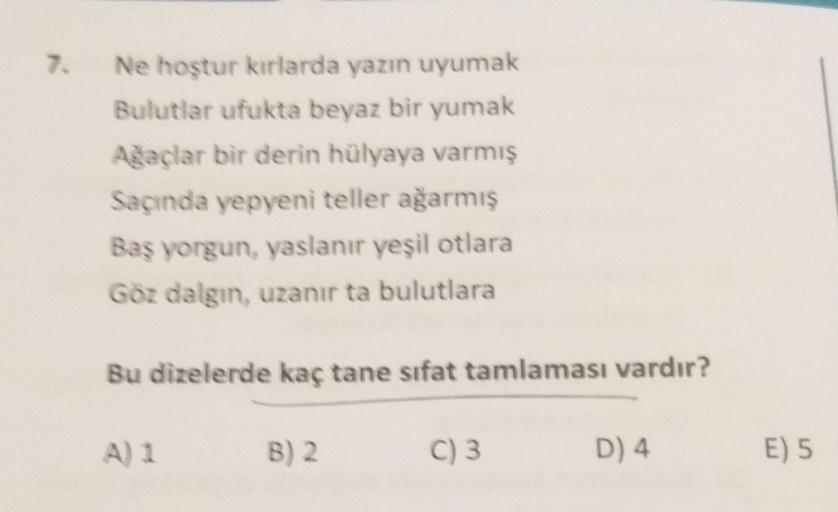 Ne hostur kırlarda yazın uyumak
Bulutlar ufukta beyaz bir yumak
Agaclar bir derin hülyaya varmış
Saçında yepyeni teller ağarmış
Baş yorgun, yaslanır yeşil otlara
Göz dalgin, uzanır ta bulutlara
Bu dizelerde kaç tane sıfat tamlaması vardır?
A 1
B) 2
C) 3
D)