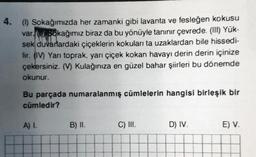 4.
(1) Sokağımızda her zamanki gibi lavanta ve fesleğen kokusu
var. sokağımız biraz da bu yönüyle tanınır çevrede. (III) Yük-
sek duvarlardaki çiçeklerin kokuları ta uzaklardan bile hissedi-
lir. IV Yarı toprak, yarı çiçek kokan havayı derin derin içinize
çekersiniz. (W) Kulağınıza en güzel bahar şiirleri bu dönemde
okunur.
Bu parçada numaralanmış cümlelerin hangisi birleşik bir
cümledir?
A) I.
B) II.
C) III.
D) IV.
E) V.
