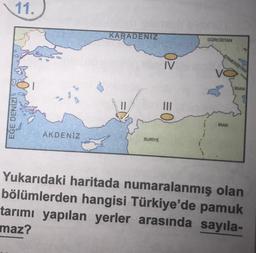 11.
KARADENIZ
GÜRCİSTAN
ERMENISTAN
IV
IRAN
11
III
EGE DENIZI
IRAK
AKDENİZ
SURİYE
Yukarıdaki haritada numaralanmış olan
bölümlerden hangisi Türkiye'de pamuk
tarımı yapılan yerler arasında sayıla-
maz?