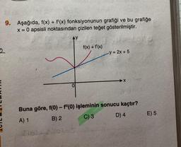 9. Aşağıda, f(x) + f'(x) fonksiyonunun grafiği ve bu grafiğe
x = 0 apsisli noktasından çizilen teğet gösterilmiştir.
AY
f(x) + f'(x)
2
y = 2x + 5
X
0
Buna göre, f(0) - f"(0) işleminin sonucu kaçtır?
A) 1
B) 2
C) 3
D) 4
E) 5
Pool
