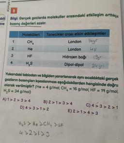 Kimya
abit Bilgi: Gerçek gazlarda molekuller arasındaki etkileşim arttıkça
basınç değerleri azalır.
ve
Molekülleri
1
CHA
2
He
Tanecikler arası etkin etkileşimler
London Ibgr
London ugr
Hidrojen bağı 1997
Dipol-dipol 34gre
3
HF
HAS
=
Yukarıdaki tablodan ve bilgiden yararlanarak aynı sıcaklıktaki gerçek
gazların basınçları kıyaslanması aşağıdakilerden hangisinde doğru
olarak verilmiştir? (He = 4 g/mol, CH4 = 16 g/mol, HF = 19 g/mol,
HS = 34 g/mol)
A) 1>2> 3>4 B) 2 >1> 3>4 C) 4 >3 > 2>1
D) 4 > 3 >1> 2 E) 2 >1>4> 3
H₂> He SCity SHR
4322173
