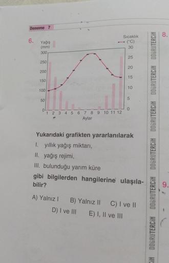 Deneme 7
8.
6.
Yağış
(mm)
300
Sıcaklık
(°C)
30
25
250
20.
200
15
150
10
100
5
50
0
0
1 2 3 4 5 6 7 8 9 10 11 12
Aylar
Yukarıdaki grafikten yararlanılarak
1. yıllık yağış miktarı,
II. yağış rejimi,
III. bulunduğu yarım küre
gibi bilgilerden hangilerine ulaş