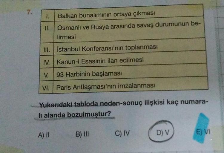 7.
1. Balkan bunalımının ortaya çıkması
II.
Osmanlı ve Rusya arasında savaş durumunun be-
lirmesi
III. istanbul Konferansı'nın toplanması
IV. Kanun-i Esasinin ilan edilmesi
V.
93 Harbinin başlaması
VI. Paris Antlaşması'nın imzalanması
Yukarıdaki tabloda ne