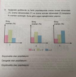 3. Aşağıdaki grafiklerde üç farklı popülasyonda üreme öncesi dönemdeki
(X), üreme dönemindeki (Y) ve üreme sonrası dönemdeki (Z) bireylerini
% oranları verilmiştir. Buna göre uygun eşleştirmeleri yapınız.
Birey
oranları (%)
Birey
oranları (%)
Birey
oranları (%)
1
2
3
= X
=Y
= Z
Büyümekte olan popülasyon:
Sht
ud
Dengede olan popülasyon:
Küçülmekte olan popülasyon: