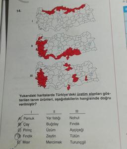 ric
E
14.
III
Yukarıdaki haritalarda Türkiye'deki üretim alanları gös-
terilen tarım ürünleri, aşağıdakilerin hangisinde doğru
verilmiştir?
1
II
III
Nohut
A Pamuk
B) Çay
Pirinç
Fındık
E) Misir
Yer fıstığı
Buğday
Üzüm
Zeytin
Mercimek
Fındık
Ayçiçeği
Tütün
Turunçgil
