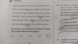 Türkçe
TY! Denenie
9.
Soluk san başak tarlalarının arasındaki çakıl taşları ile
1
örtülü yol, köye uzanıyordu. Olduğum yerden hâlâ
II
mavi görünen dağın eteklerine doğru bir sis kütlesi
12. Kan şekerinin düşmem
önce su, ceviz, badem
sandviç tüketilmesi tavs
Bu cümlenin yüklemiy
den hangisi söylenem
E
çökmüştü. Köyün girişinde beni karşılayan kerpiç
III
evlere özlemle baktım. Boyaları dökülmüş hâldey-
TV
diler. Biraz daha ilerleyince köy meydanına ulaştım.
A) Edilgen çatildir.
B) Birlesik yapma.
C) Nesne alışına göre
Unsüz değisimi gero
Bu parçada numaralanmış sözcüklerden hangisi
kök yönüyle diğerlerinden farklıdır?
E) Geniş zamanın hikâ
A)
B) ||
C) III
D) IV
E)
13. Aşağıdaki cümlelerin
kullanımıyla ilgili yanlı
D
