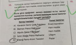 15.
13. Türkiye'de sanayi faaliyetlerinin dağılışını etkileyen baş-
lica faktörler; ham madde, enerji kaynakları, iş gücü, pazar
ve sermayedir.
Buna göre aşağıdaki sanayi tesisleri ve bu sanayi
tesislerinin kuruluş yerlerini belirleyen temel faktörler
eşleştirilmelerinden hangisi yanlıştır?
Sanayi tesisleri
Temel faktörler
A) Karabük Demir Çelik Fabrikası Enerji kaynakları
B) Batman Petrol Rafinerisi Ham madde
C) Alpullu Şeker Fabrikası Ham madde
D) İzmir Aliağa Petrol Rafinerisi Ulaşım
E) Elazığ Ferro-Krom Tesisleri Pazar
