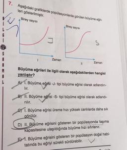 7. Aşağıdaki grafiklerde popülasyonlarda görülen büyüme eğri-
leri gösterilmiştir.
Birey sayısı
Birey sayisi
S
S
Zaman
11
Zaman
Büyüme eğrileri ile ilgili olarak aşağıdakilerden hangisi
yanlıştır?
A) 1. Büyüme eğrisi - J- tipi büyüme eğrisi olarak adlandırı-
lir.
B) II. Büyüme eğrisi -S- tipi büyüme eğrisi olarak adlandı-
rılır.
c) 1. Büyüme eğrisi üreme hızı yüksek canlılarda daha sık
görülür.
D) II. Büyüme eğrisini gösteren bir popülasyonda taşıma
kapasitesine ulaşıldığında büyüme hızı sıfırlanır.
E) 1. Büyüme eğrisini gösteren bir popülasyon doğal habi-
tatında bu eğriyi sürekli sürdürebilir.