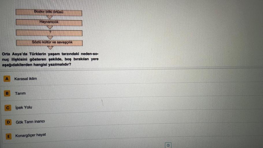 Bozkır bitki örtüsü
Hayvancılık
2
Sozlü kültür ve savaşçılık
Orta Asya'da Türklerin yaşam tarzındaki neden-so-
nuç ilişkisini gösteren şekilde, boş bırakılan yere
aşağıdakilerden hangisi yazılmalıdır?
A
Karasal iklim
B
Tarım
C
Ipek Yolu
D
Gök Tann inancı
E
Konargöçer hayat