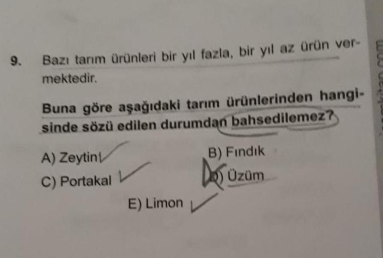 9.
Bazı tarım Ürünleri bir yıl fazla, bir yıl az ürün ver-
mektedir.
Buna göre aşağıdaki tarım ürünlerinden hangi-
sinde sözü edilen durumdan bahsedilemez?
B) Fındık
A) Zeytin
C) Portakal
Do Uzum
Üzüm
E) Limon
