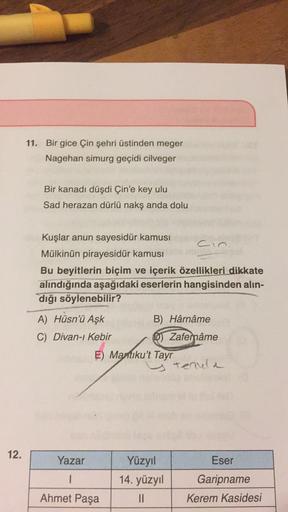 11. Bir gice Çin şehri üstinden meger
Nagehan simurg geçidi cilveger
Bir kanadı düşdi Çin'e key ulu
Sad herazan dürlü nakş anda dolu
Kuşlar anun sayesidür kamusi
cin.
Mülkinün pirayesidür kamusi
Bu beyitlerin biçim ve içerik özellikleri dikkate
alındığında