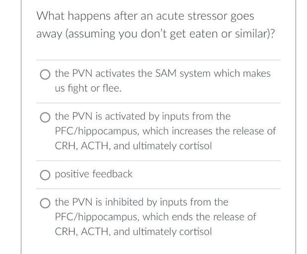 What happens after an acute stressor goes
away (assuming you don't get eaten or similar)?
O the PVN activates the SAM system which makes
us fight or flee.
the PVN is activated by inputs from the
PFC/hippocampus, which increases the release of
CRH, ACTH, and ultimately cortisol
O positive feedback
O the PVN is inhibited by inputs from the
PFC/hippocampus, which ends the release of
CRH, ACTH, and ultimately cortisol