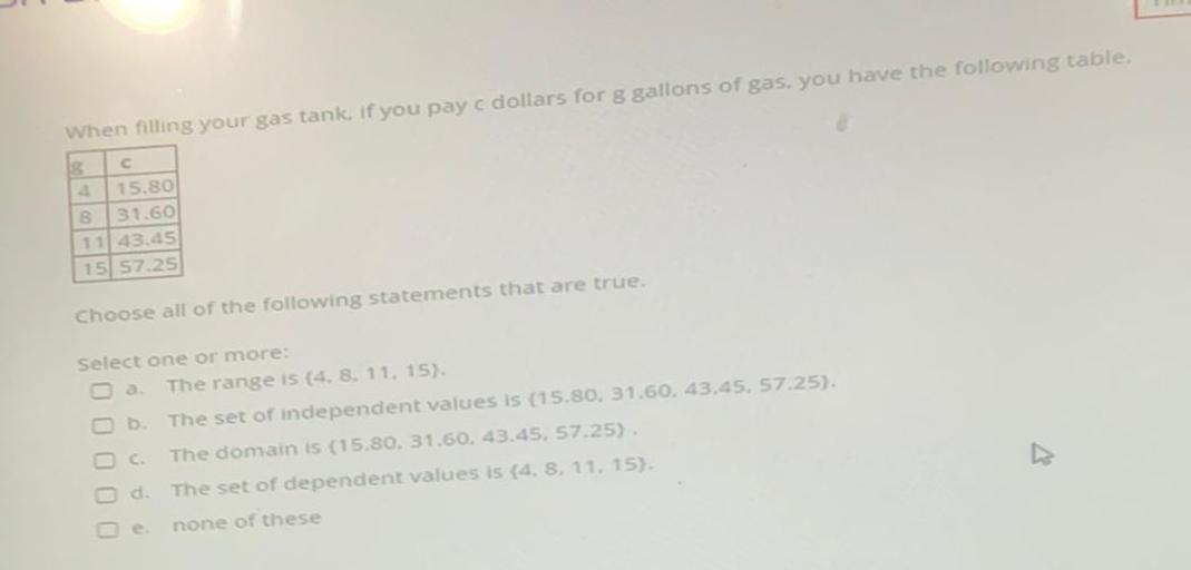 When filling your gas tank if you pay c dollars for g gallons of gas, you have the following table.
C
4 15.80
8 31.60
1143.45
15 57.25
Choose all of the following statements that are true.
Select one or more:
a The range is (4. 8. 11. 15).
Ob The set of independent values is (15.80, 31.60, 43.45, 57.25).
OC The domain is (15.80. 31.60, 43.45, 57.25).
Od The set of dependent values is (4. 8. 11. 15).
2e none of these