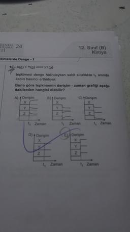 ZANIM 24
VRAMA
TI
12. Sınıf (B)
Kimya
kimelerde Denge
-1
10. X(g) + Y(g) =2Z(g)
tepkimesi denge hâlindeyken sabit sıcaklıkta t, anında
kabin basıncı arttırılıyor.
Buna göre tepkimenin derişim - zaman grafiği aşağı-
dakilerden hangisi olabilir?
A) A Derişim
X
B) Derişim
x
C) Derişim
X
Y
Y
Y
Z
Z
Z
4 Zaman
4 Zaman
4 Zaman
D) + Derişim
E) Derişim
X
X
z
Z
2
4 Zaman
4 Zaman
