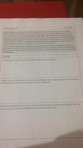 UYGULAMA 19
4 PUAN
Safive, Masumlar Apartmanı'nın en titiz sakinlerinden biridir. Evinde neredeyse bir marketteki
kadar temizlik maddesi bulunur. Safiye, yağ çözücü bazlarla kireç çözücü asitleri tahta raflara ayni
ayrı koyacak kadar kimya bilgisine sahipt