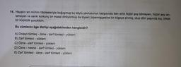 14. Hayatın en mühim hâdiseleriyle boğuşmuş bu köylü yavrusunun karşısında ben artık hiçbir şey bilmeyen, hiçbir şey an-
lamayan ve sanki korkunç bir masal dinliyormuş da tüyleri ürpermişçesine bir köşeye sinmiş, otuz dört yaşında toy, ürkek
bir küçücük çocuktum.
Bu cümlenin öge dizilişi aşağıdakilerden hangisidir?
-
A) Dolaylı tümleç - özne - zarf tümleci - yüklem
B) Zarf tümleci - yüklem
C) Özne - zarf tümleci - yüklem
D) Özne - nesne - zarf tümleci - yüklem
E) Zarf tümleci - Özne - zarf tümleci - yüklem
-
-
-
