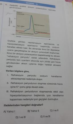 WA
DENEME 19
Aşağıdaki grafikte aksiyon potansiyelinin aşamalan
görülmektedir.
-50
Akalyon
potansiyel
0-
Zar potansiyel
(mv)
Repolarizasyon
-50
Eşik değer
Hiperpolarizasyon
Dinlenme potansiyeli
-100
Zaman
ve
Grafikte görülen repolarizasyon aşamasında
hiperpolarizasyon aşamasının başlarında sodyum
kanalları etkisiz kalır. Bu dönemde ikinci bir depolarize
uyarısı gerçekleşirse bir aksiyon potansiyeli oluşturmaz.
İkinci bir aksiyon potansiyelinin başlatılmadığı bu dönem
"refraksiyon periyodu" olarak adlandırılır. Refraksiyon
periyodu tüm uyarıların aksonda aynı yönde yani hücre
gövdesinden akson uçlarına doğru hareket etmesini
sağlar.
Verilen bilgilere göre,
I. Refraksiyon periyodu sodyum
etkisizleşmesi nedeniyle oluşur.
kanallarının
II. Refraksiyon periyodunun oluşması sürecinde hücre
içine K+ iyonu girişi devam eder.
III. Refraksiyon periyodunun oluşmasında etkili olan
hiperpolarizasyonun başlarında iyon kanallarının
kapanması nedeniyle iyon geçişleri durmuştur.
ifadelerinden hangileri doğrudur?
A) Yalnız!
B) Yalnız 11
C) I ve II
D) I ve III
E) II ve III
