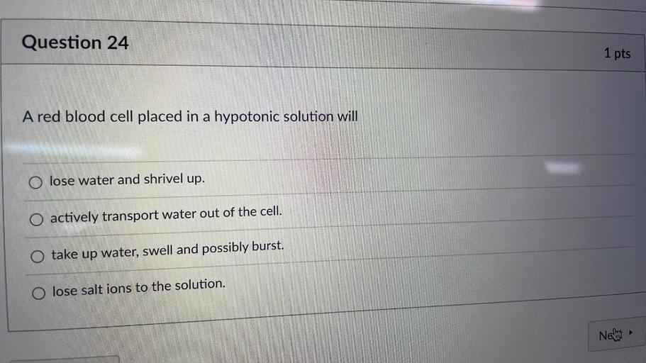 Question 24
1 pts
A red blood cell placed in a hypotonic solution will
O lose water and shrivel up.
O actively transport water out of the cell.
take up water, swell and possibly burst.
O lose salt ions to the solution.
Nelut