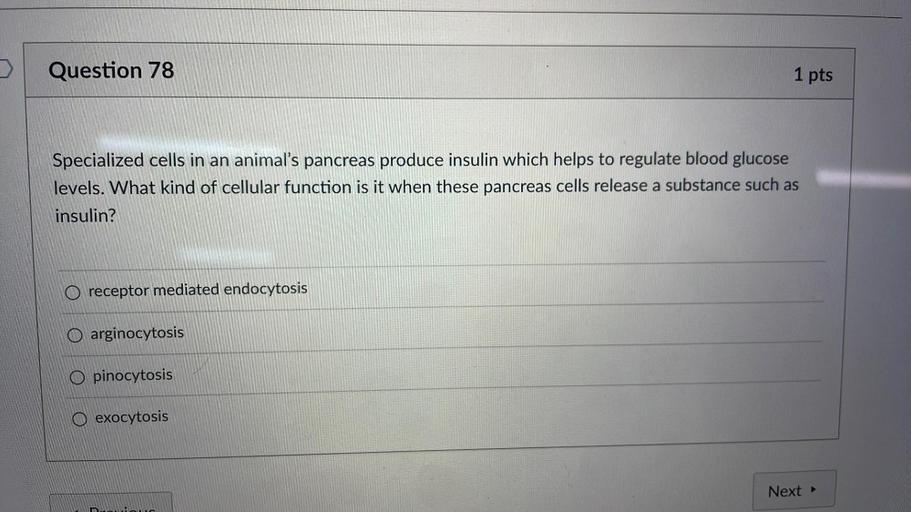 Question 78
1 pts
Specialized cells in an animal's pancreas produce insulin which helps to regulate blood glucose
levels. What kind of cellular function is it when these pancreas cells release a substance such as
insulin?
a
O receptor mediated endocytosis
O arginocytosis
O pinocytosis
O exocytosis
Next
