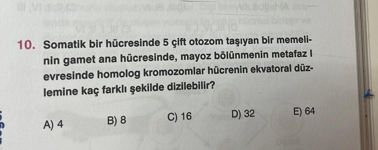 10. Somatik bir hücresinde 5 çift otozom taşıyan bir memeli-
nin gamet ana hücresinde, mayoz bölünmenin metafaz |
evresinde homolog kromozomlar hücrenin ekvatoral düz-
lemine kaç farklı şekilde dizilebilir?
D) 32
E) 64
C) 16
A) 4
B) 8